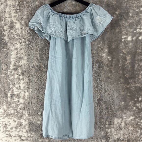 Beach Lunch Lounge Sz XS Floral Embroidered Boho Ruffle Neckline Mini Dress Blue - Picture 3 of 8